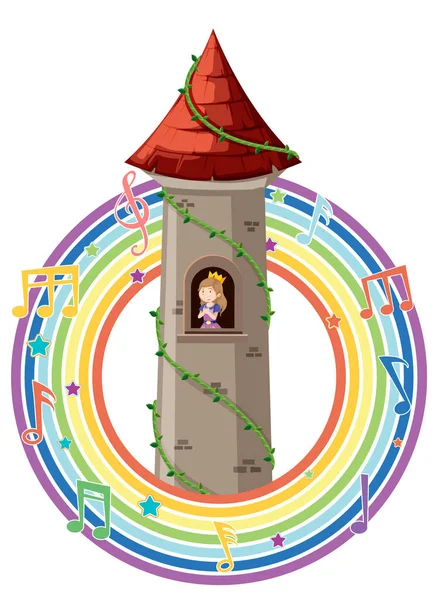 Prinses Toren Met Melodie Symbool Regenboog Illustratie — Stockvector