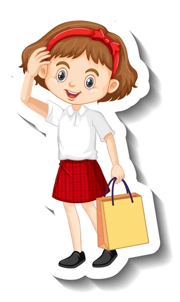 Sticker Template Cute Student Girl School Uniform Illustration — Stock Vector