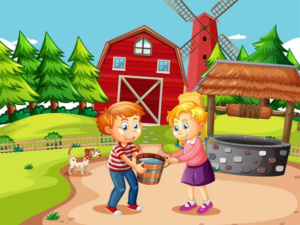 Farm Jelenet Gyerekekkel Kezében Egy Vödör Vízzel Illusztráció — Stock Vector