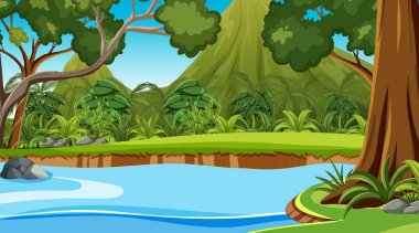 Orman illüstrasyonunda akan akıntılı doğa sahnesi