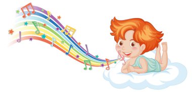 Bulutta gökkuşağı resimlerinde melodi sembolleri olan aşk tanrısı çocuk karakteri