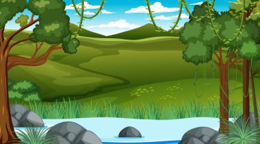 Orman illüstrasyonunda akan akıntılı doğa sahnesi
