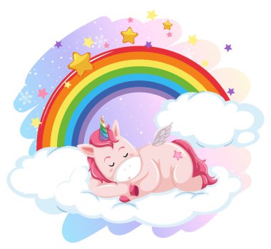 Gökyüzünde gökkuşağı resimleriyle bulut üzerinde uzanan sevimli pegasus.