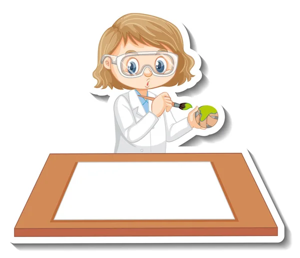 科学者の女の子漫画のキャラクターとともに空白のテーブルイラスト — ストックベクタ