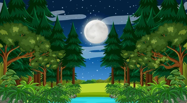 Rainforest Tropical Forest Night Scene Moon Sky Illustration — Stock Vector