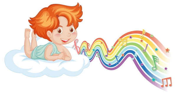 Купідон Хлопчик Лежить Хмарі Мелодійними Символами Ілюстрації Веселкової Хвилі — стоковий вектор
