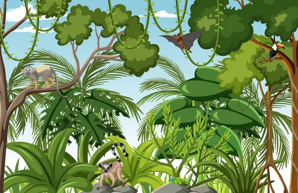 Scena Lasów Tropikalnych Różnymi Dzikimi Zwierzętami Ilustracja — Wektor stockowy