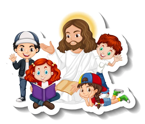 Jesus Christ Children Group Sticker White Background Illustration — Stock Vector