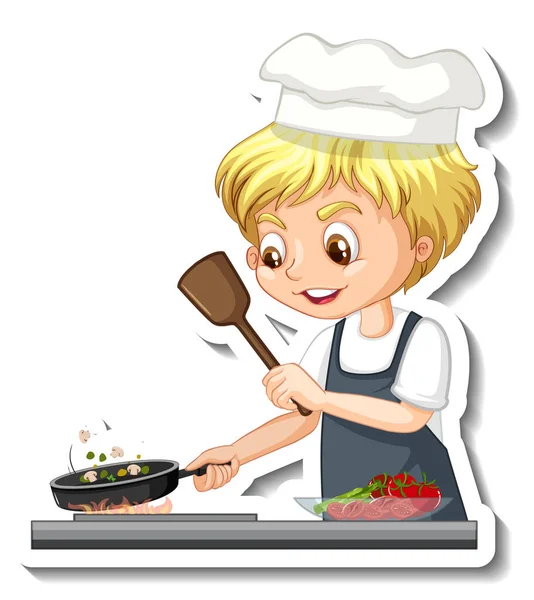 Design Etiqueta Com Chef Menino Cozinhar Comida Desenho Animado Personagem — Vetor de Stock