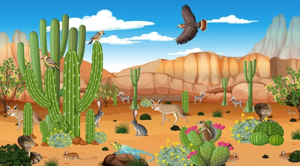 Zwierzęta Pustynnej Scenerii Lasu Dzień Ilustracja — Wektor stockowy