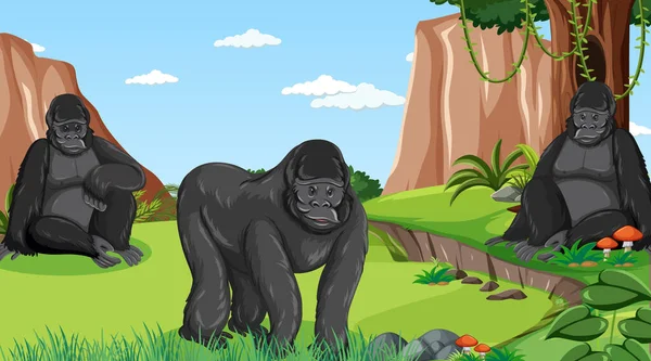 Groupe Gorilles Dans Forêt Forêt Tropicale Avec Nombreux Arbres Illustration — Image vectorielle