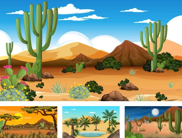 Verschiedene Szenen Mit Wüstenwaldlandschaft Mit Verschiedenen Wüstenpflanzen Illustration — Stockvektor