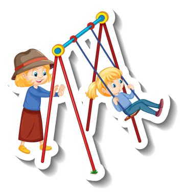 Çıkartmalı çocuklar oyun parkında salıncak oynuyorlar