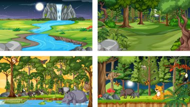 Çeşitli vahşi hayvan resimleriyle farklı orman yatay sahneleri.