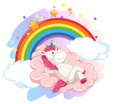 Gökyüzünde gökkuşağı resimli şirin tek boynuzlu at.