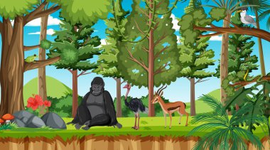 Farklı vahşi hayvan örnekleriyle dolu orman sahnesi