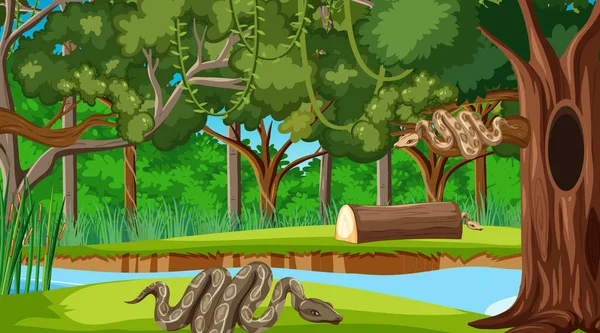 Deux Serpents Dans Forêt Jour Scène Avec Nombreux Arbres Illustration — Image vectorielle