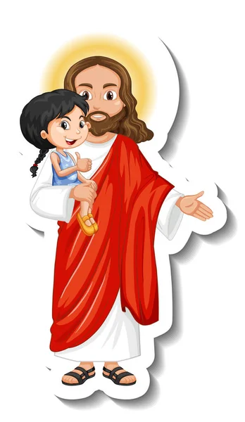 Jesus Christ Holding Kid Sticker White Background Illustration — Stock Vector