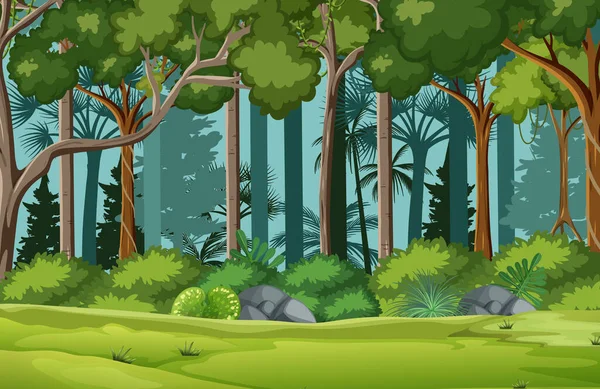 Scena Della Foresta Con Molti Alberi Illustrazione — Vettoriale Stock