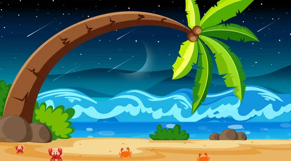 Spiaggia Tropicale Paesaggio Scena Notte Con Grande Albero Cocco Illustrazione — Vettoriale Stock