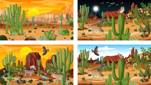 Diferentes Cenas Floresta Deserto Com Animais Plantas Ilustração — Vetor de Stock