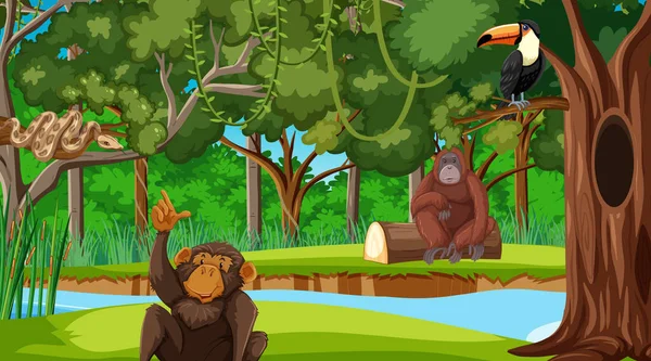 Scena Leśna Różnymi Dzikimi Zwierzętami Ilustracja — Wektor stockowy