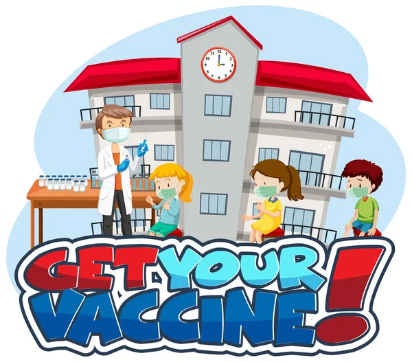 Krijgen Vaccine Lettertype Banner Met Veel Kinderen Wachten Wachtrij Covid — Stockvector