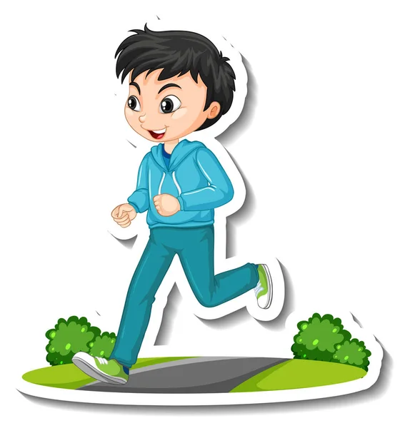 Stiker Karakter Kartun Dengan Anak Laki Laki Jogging Ilustrasi Latar - Stok Vektor