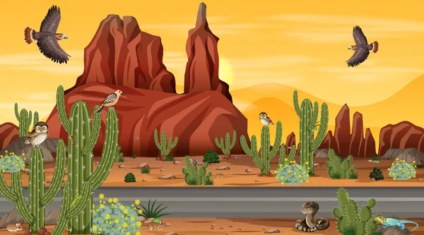 Camino Través Escena Del Paisaje Del Bosque Del Desierto Con — Vector de stock