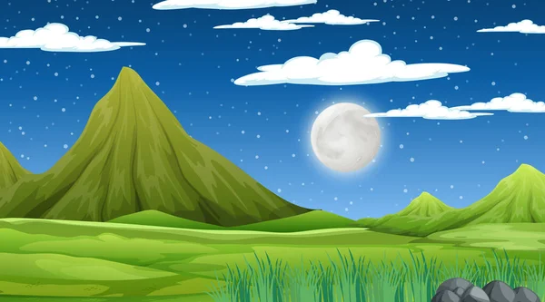 Blanco Weide Landschap Met Berg Scene Nachts Illustratie — Stockvector