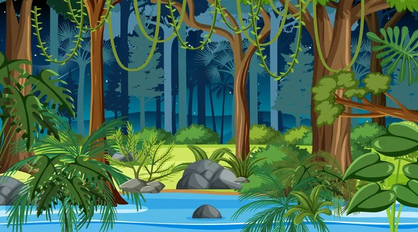 Scena Del Paesaggio Forestale Notte Con Molti Alberi Diversi Illustrazione — Vettoriale Stock