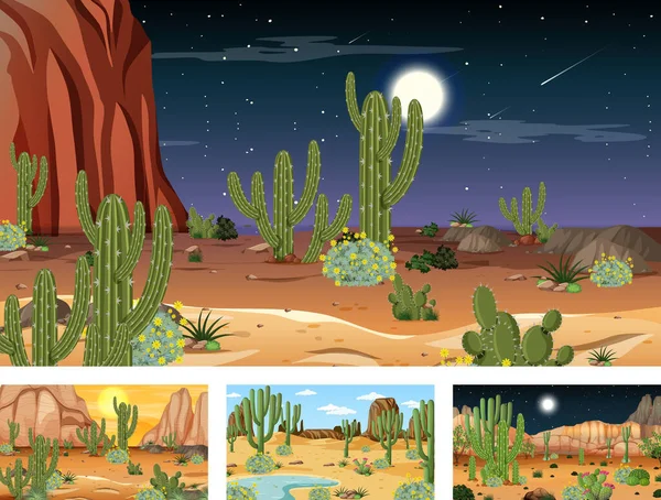 Different Desert Forest Landscape Scenes Various Desert Plants Illustration — Stock Vector