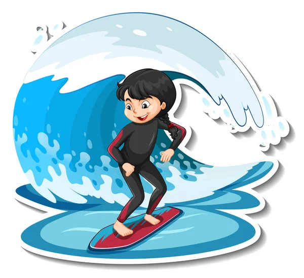 Aufkleber Eines Mädchens Das Auf Einem Surfbrett Steht Mit Wasserwellen — Stockvektor