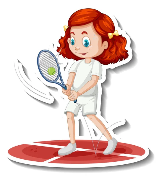 Tekenfilm Karakter Sticker Met Een Meisje Spelen Tennis Illustratie — Stockvector