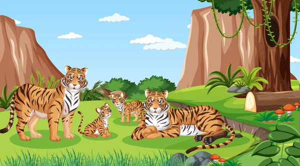 Familia Del Tigre Bosque Durante Día Ilustración Escena — Archivo Imágenes Vectoriales