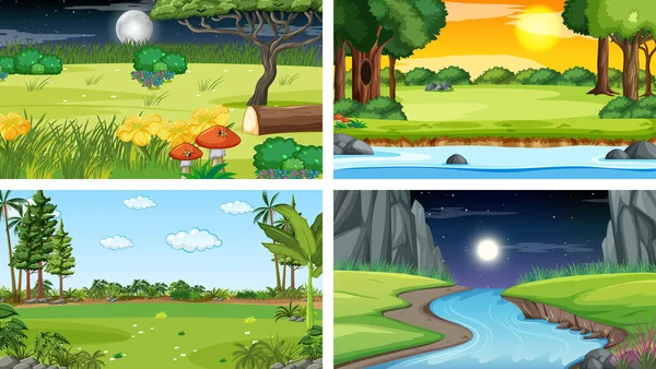 Cuatro Escenarios Diferentes Parque Natural Ilustración Forestal — Vector de stock