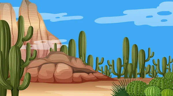 様々な砂漠植物が描かれた昼間の砂漠の森の風景 — ストックベクタ