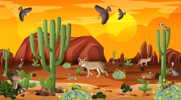 Deserto Paesaggio Forestale Tramonto Scena Tempo Con Animali Selvatici Illustrazione — Vettoriale Stock