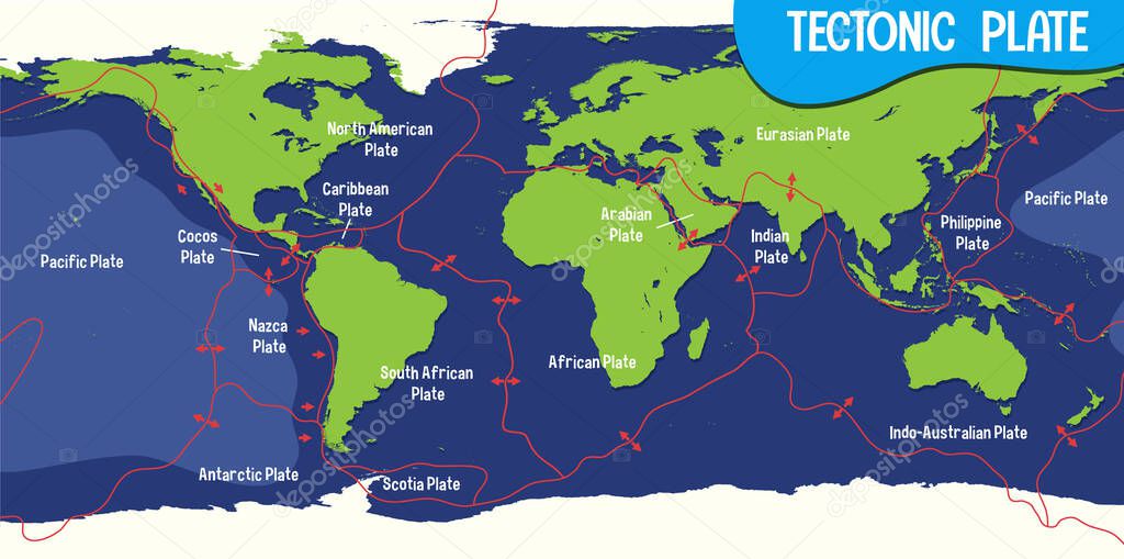 World Map Showing Tectonic Plates Boundaries illustration