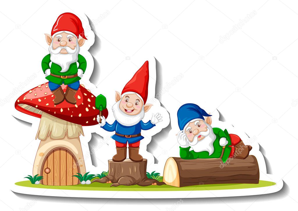 A sticker template with garden gnomes or dwarfs cartoon chracter illustration