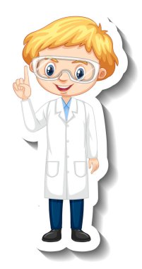 Çizgi film karakteri çıkartması. Üzerinde bilim elbisesi çizimi olan bir çocuk var.