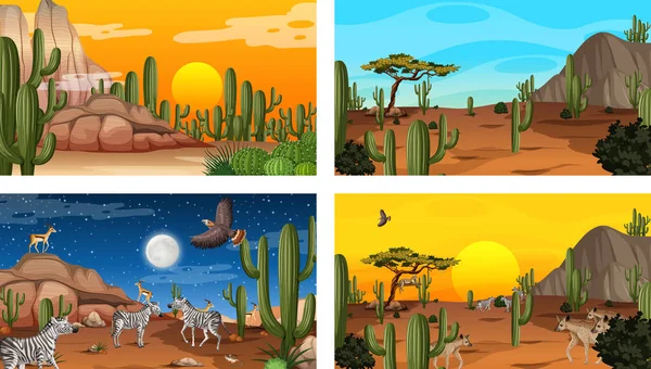 Різні Пустельні Лісові Пейзажні Сцени Ілюстраціями Тварин Рослин — стоковий вектор