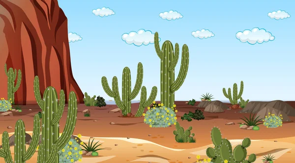 Woestijnbos Landschap Overdag Scène Met Veel Cactussen Illustratie — Stockvector