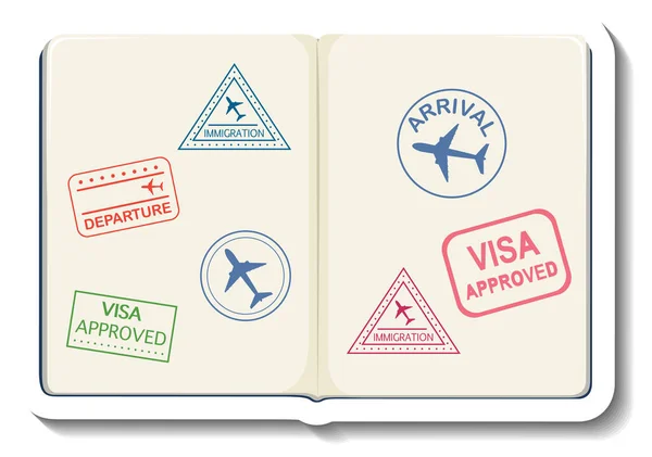 Pasaporte Abierto Con Sello Visa Ilustración Etiqueta Engomada Dibujos Animados — Vector de stock