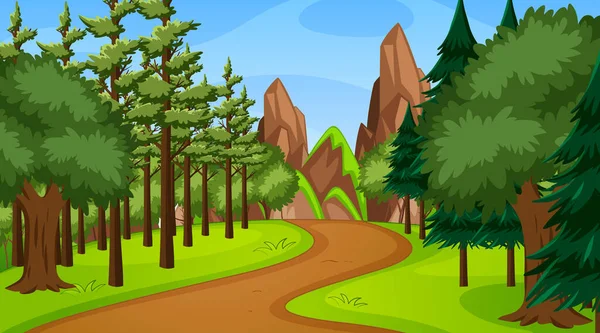 Δασική Σκηνή Διάφορα Δασικά Δέντρα Και Διάβαση Πεζόδρομο Εικονογράφηση Μονοπατιού — Διανυσματικό Αρχείο