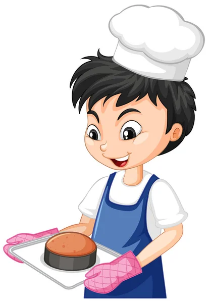 Cartoon Character Chef Boy Holding Tray Cake Illustration — Stock Vector