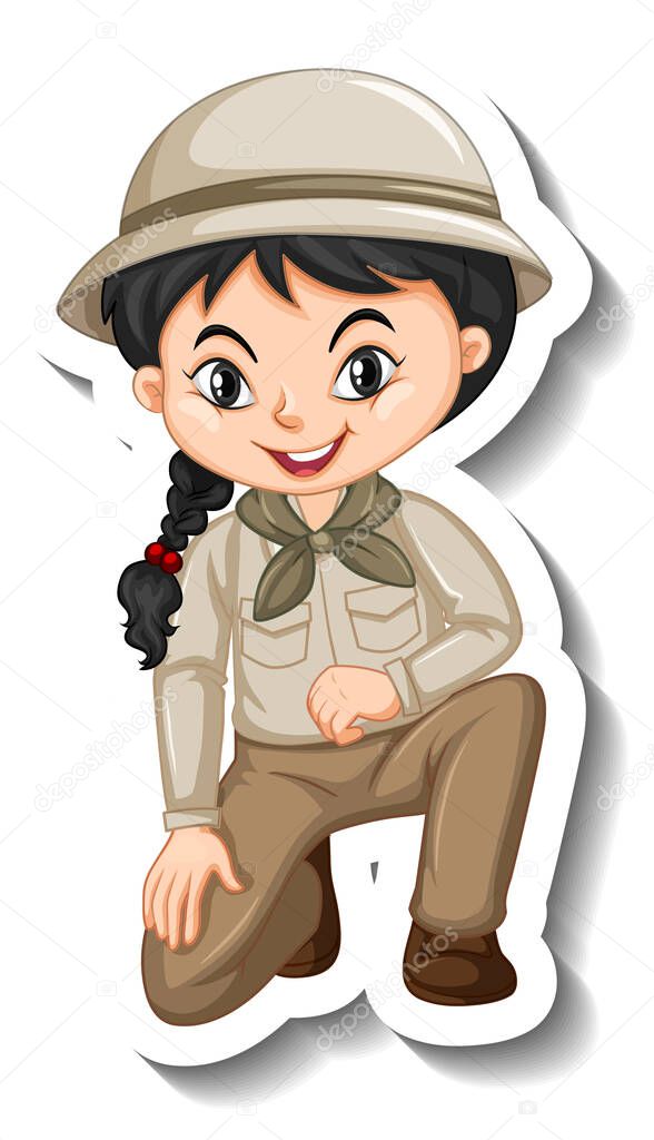 Girl in safari outfit cartoon character sticker illustration