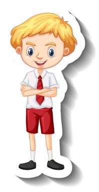 Öğrenci üniformalı bir çocuk çizgi film karakteri çıkartması çiziyor.