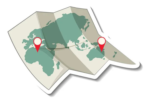 Skládaný Papírový Světový Mapa Červeným Pin Ilustrace — Stockový vektor