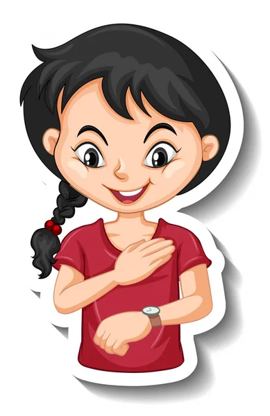 Pegatina Personaje Dibujos Animados Chica Mirando Ilustración Del Reloj Pulsera — Vector de stock